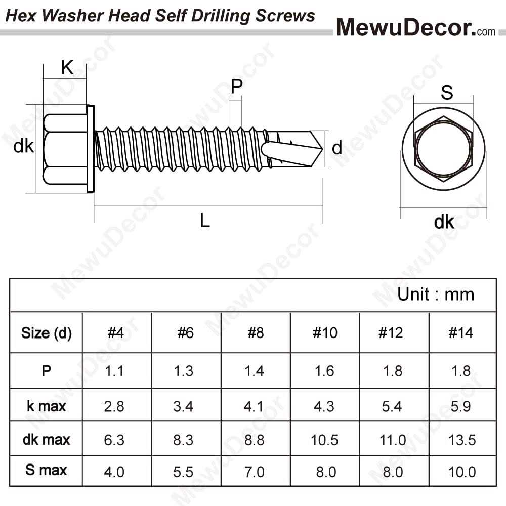 MewuDecor Hex Washer Head Self Drilling Sheet Metal Tek Screws with Drill Point - Image 2