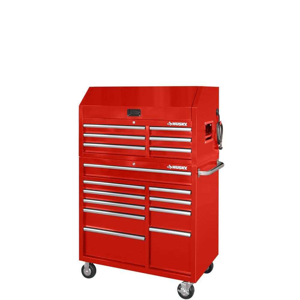 Husky 41 in. W x 24.5 in D Standard Duty 16-Drawer Combination Rolling Tool Chest and Top Tool Cabinet Set in Gloss Black
