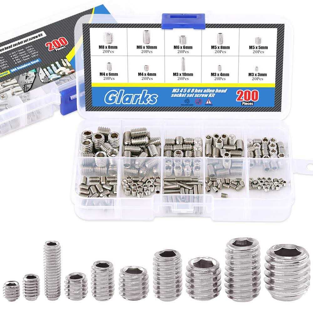 Glarks 200-Piece M3 4 5 6 8 Hex Allen Head Socket Set Screw Assortment Kit