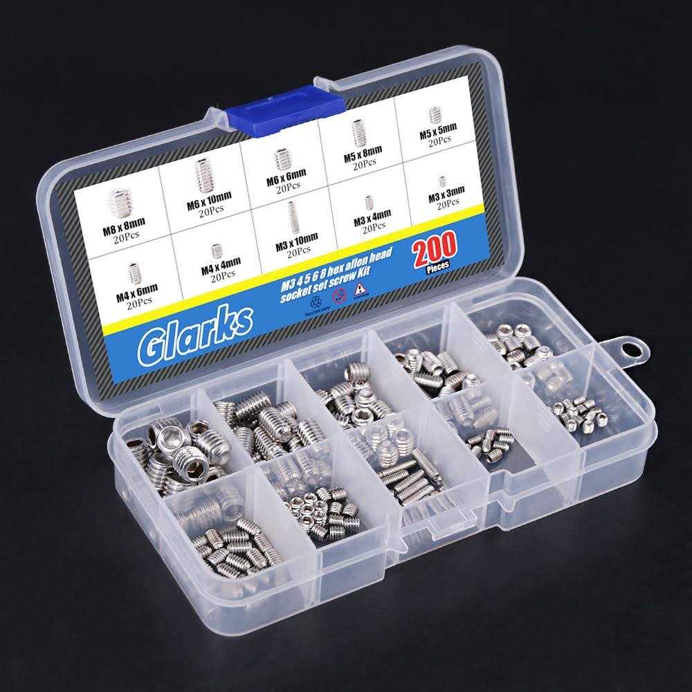 Glarks 200-Piece M3 4 5 6 8 Hex Allen Head Socket Set Screw Assortment Kit - Image 3