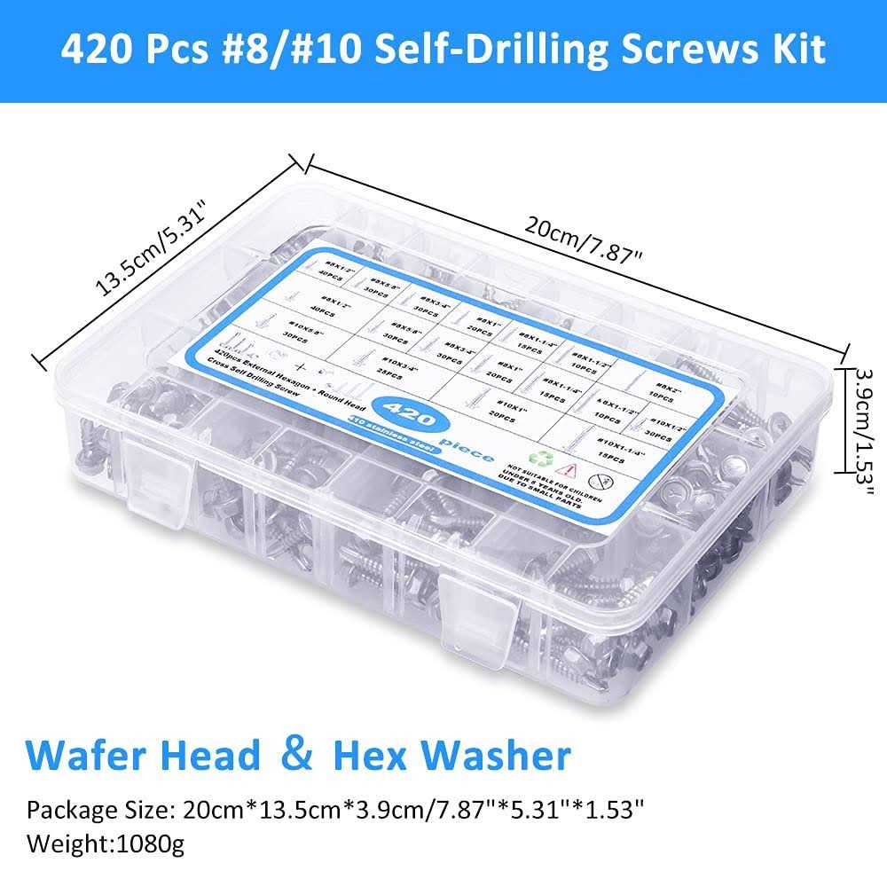 CGBOOM Self Drilling Screws 420pcs Self Tapping Screws for Metal 410 Stainless Steel Sheet Metal Screws #8#10 - Image 3