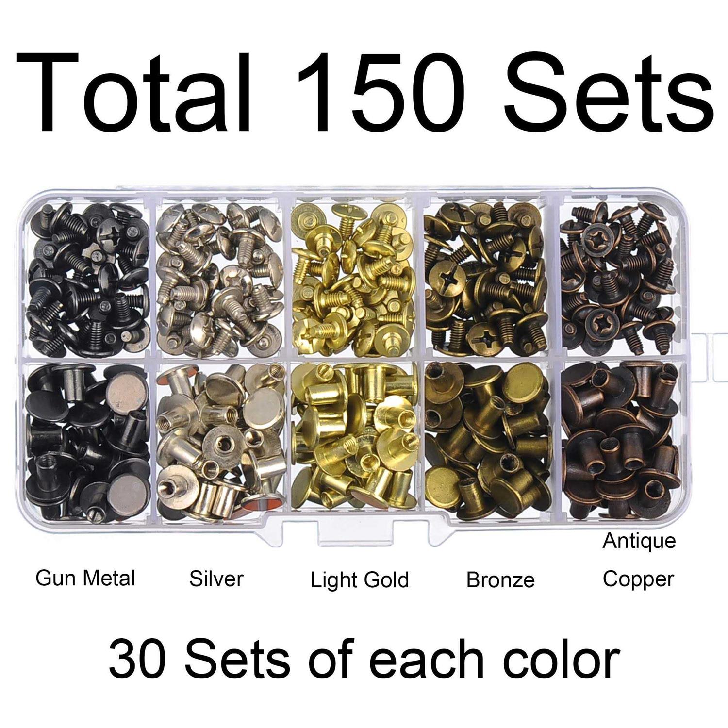 WORDS BURST 150 Sets Round Flat Head Chicago Screws Buttons Metal Studs Rivets Screwback Spots Metal Nail Rivet Studs for Leather Crafting 5/16 Inch - Image 5