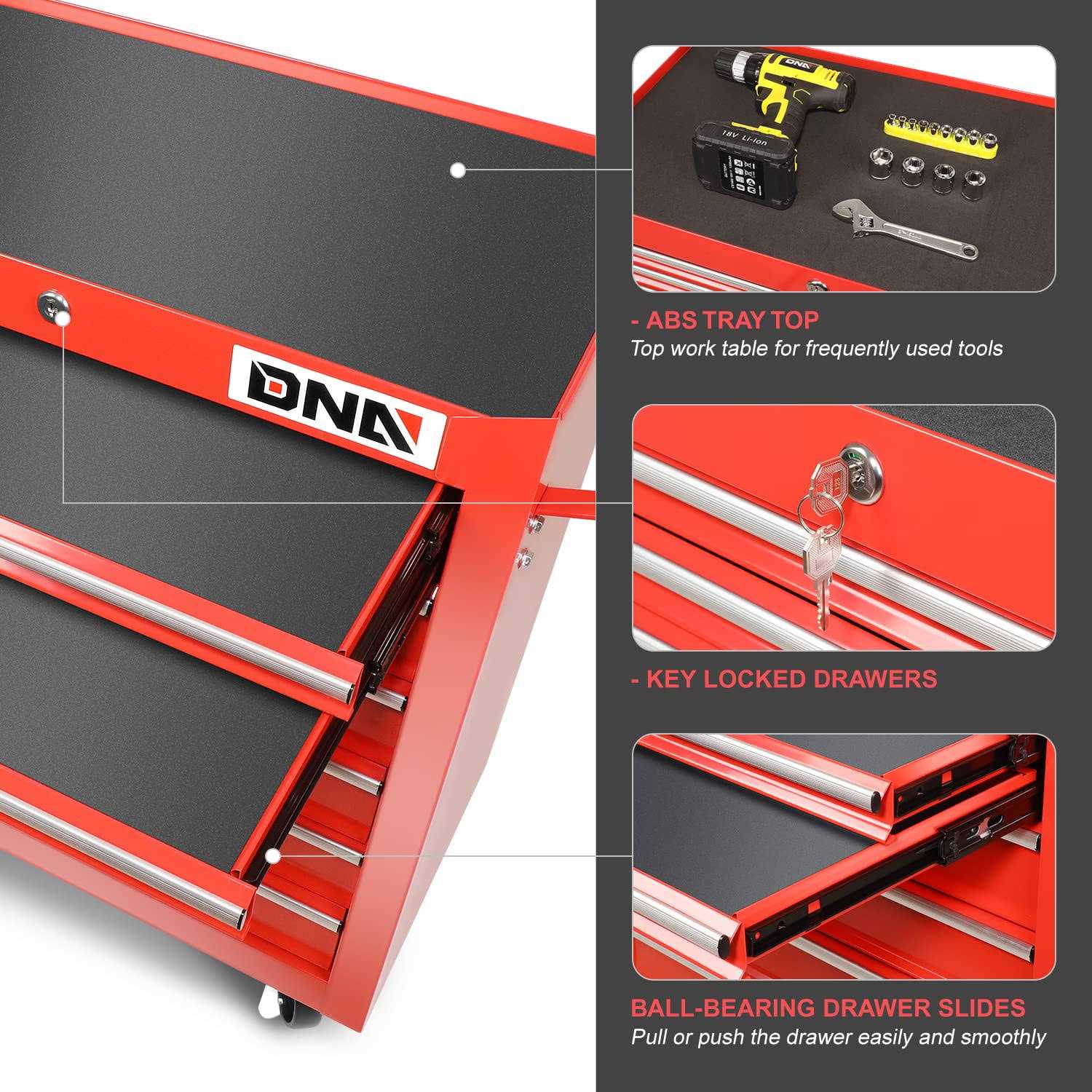 DNA Motoring Tools-00264 7-Drawer Plastic Top Rolling Tool Cabinet with Keyed Locking System,27.55 L X 13 W X 30.31 H,Red - Image 3