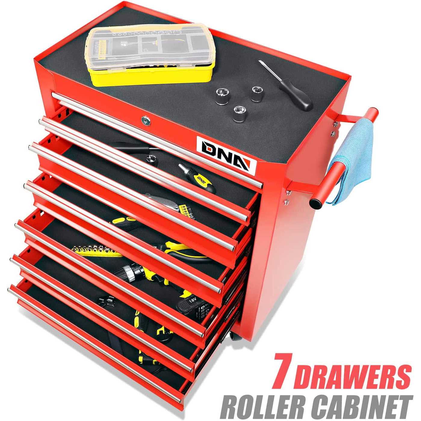 DNA Motoring Tools-00264 7-Drawer Plastic Top Rolling Tool Cabinet with Keyed Locking System,27.55 L X 13 W X 30.31 H,Red - Image 4