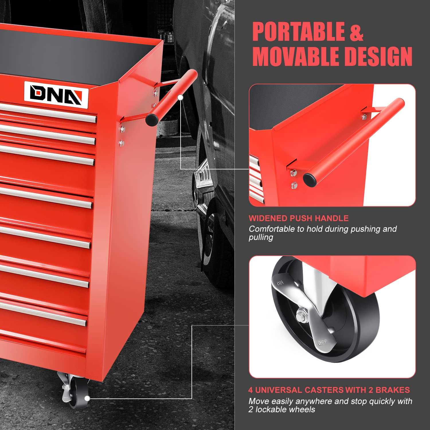 DNA Motoring Tools-00264 7-Drawer Plastic Top Rolling Tool Cabinet with Keyed Locking System,27.55 L X 13 W X 30.31 H,Red - Image 5