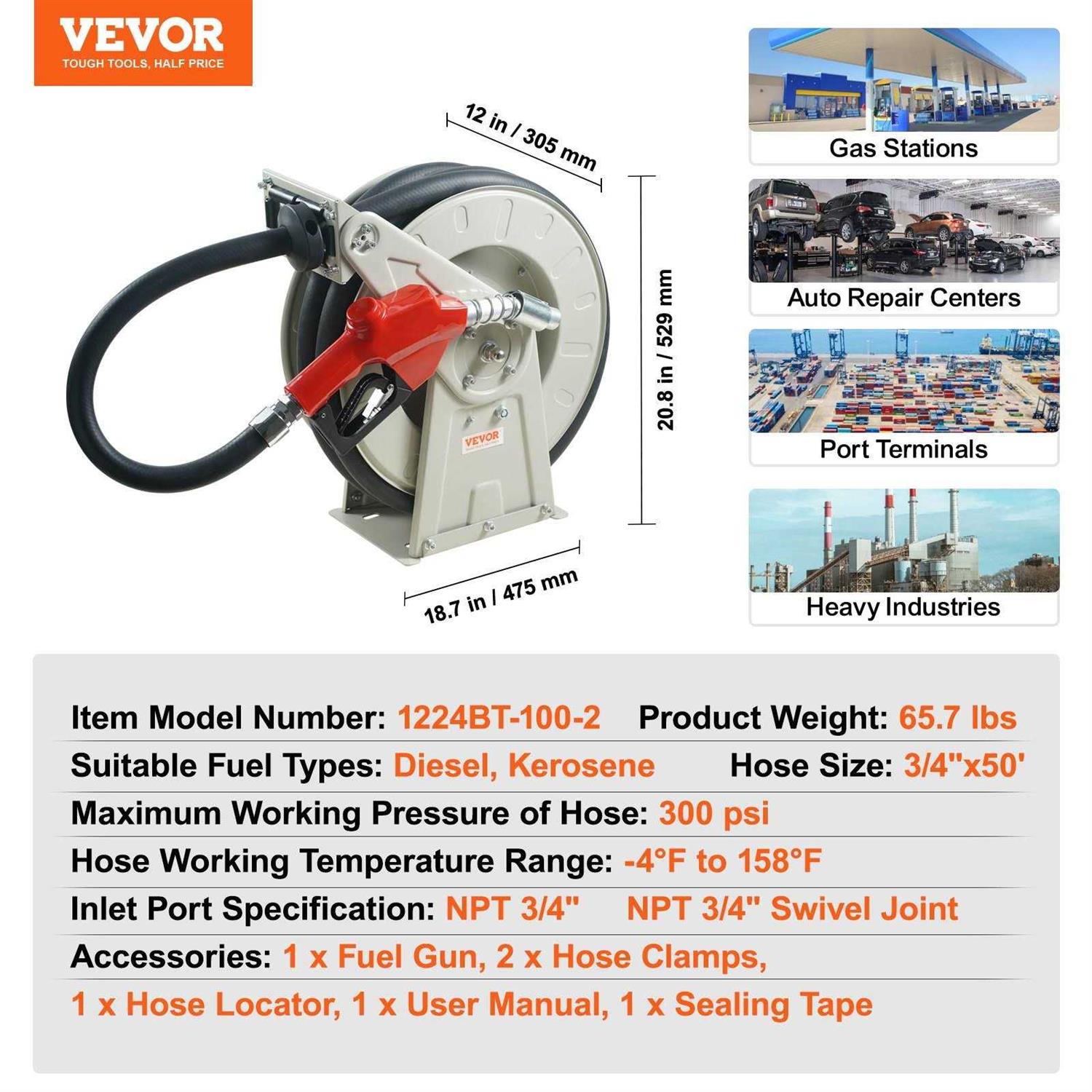 VEVOR Fuel Hose Reel 3/4 x 50' Extra Long Retractable Diesel Hose Reel Heavy-Duty Carbon Steel Construction with Automatic Fuel Nozzle Nbr Rubber - Image 5