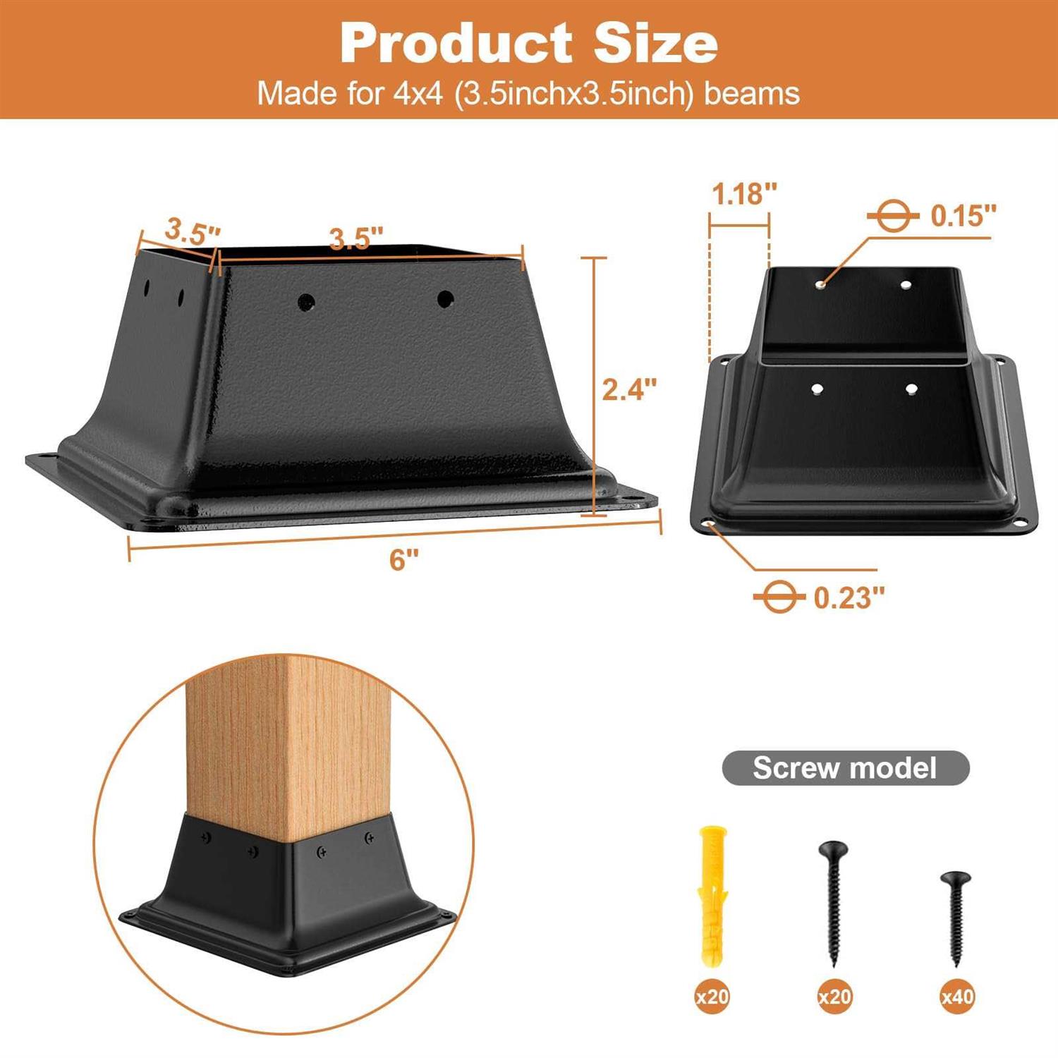 FMhotu 4x4 Post Base 5Pcs Internal 3.5x3.5 Heavy Duty Powder-Coated Steel Post Bracket Fit for Standard Wood Post Anchor - Image 4