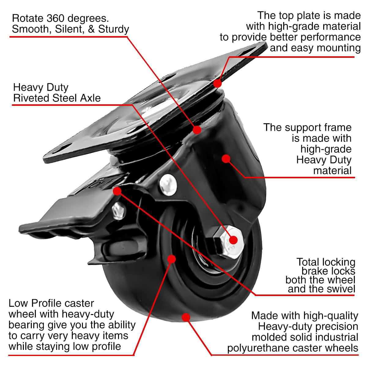 Factorduty Heavy Duty Polyurethane Caster Wheels Locking Brake Double Ball Bearing Industrial Grade Solid Low Profile Smooth and - Image 4