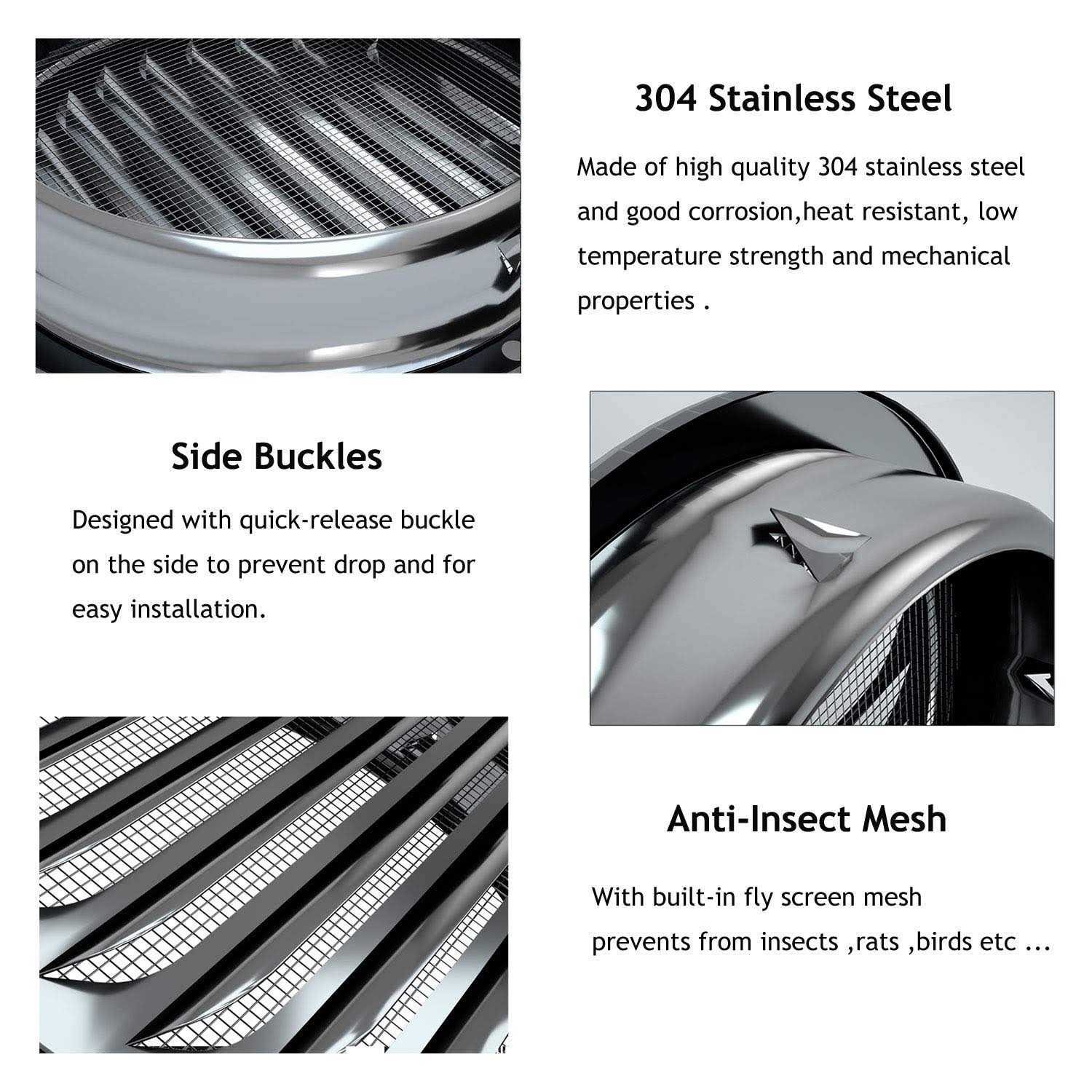 FGBB Stainless Steel Air Vents Louvered Grille Cover Vent Hood Flat Ducting Ventilation Air Vent Wall Air Outlet with Fly Screen Mesh for House - Image 5