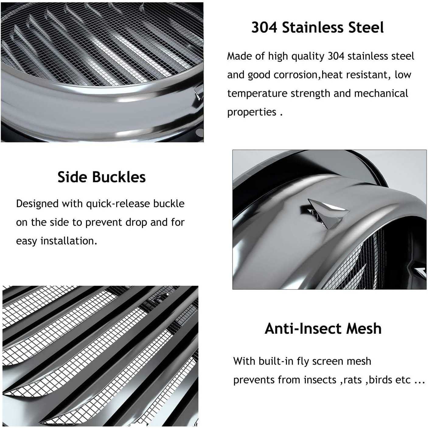 FGBB Stainless Steel Air Vents Louvered Grille Cover Vent Hood Flat Ducting Ventilation Air Vent Wall Air Outlet with Fly Screen Mesh for House - Image 3