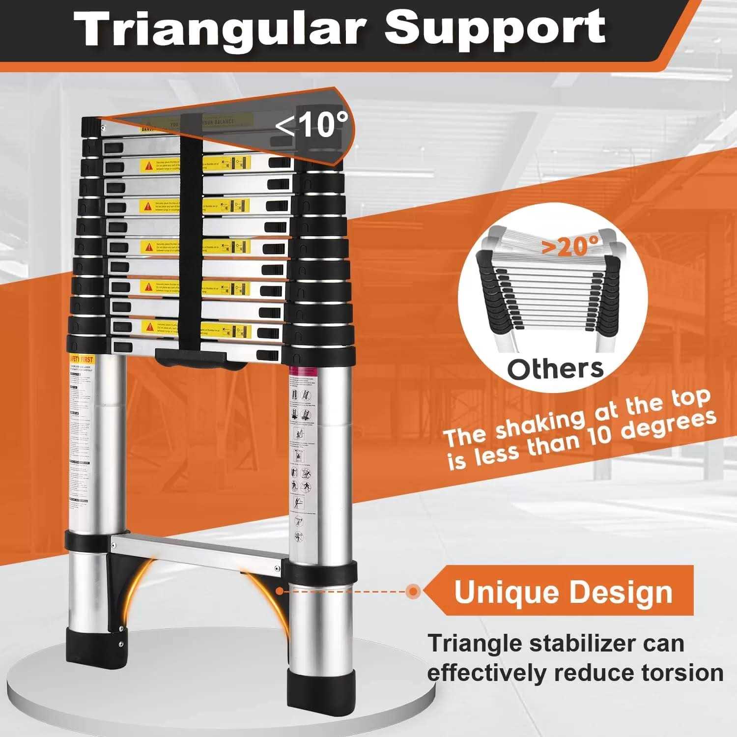 Telescoping Ladder SocTone Aluminum Lightweight Extension Ladder with 2 Triangle Stabilizers - Image 3
