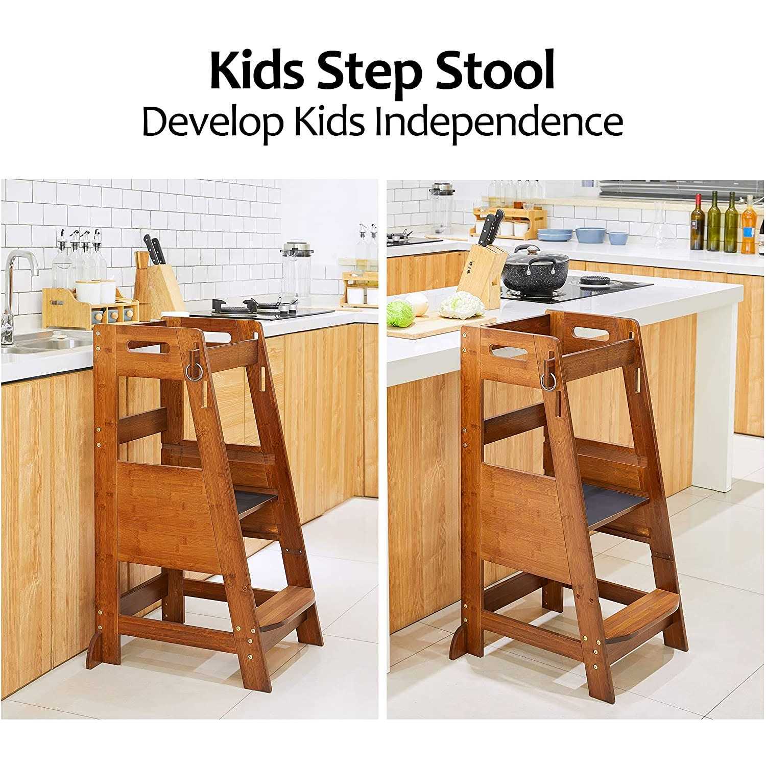 TOETOL Bamboo Toddler Kitchen Step Stool Helper Standing Tower Height Adjustable - Image 3