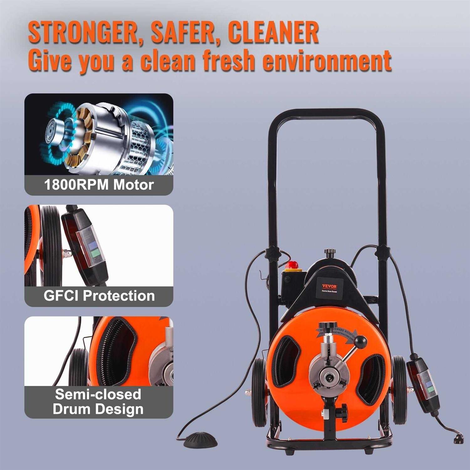 VEVOR Drain Cleaning Machine 100ft x 3/8 Inch Sewer Snake Machine Auto Feed - Image 3