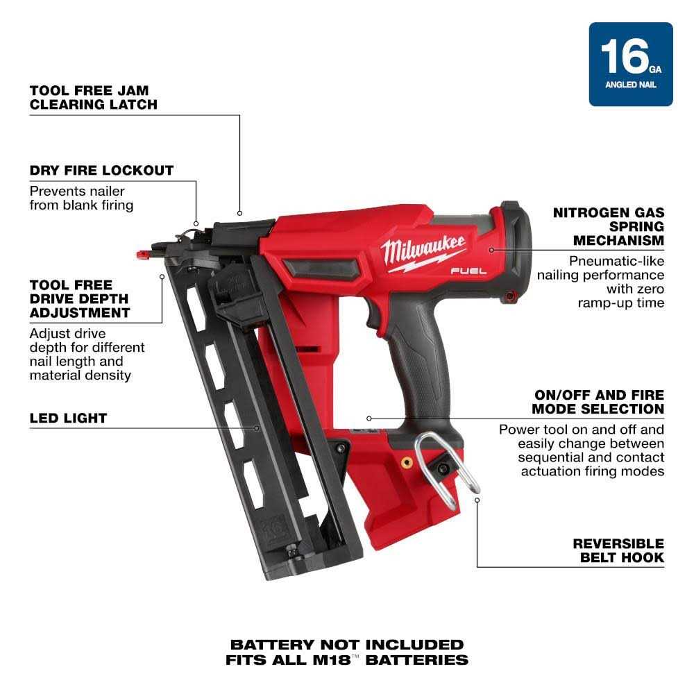 2841-20 Milwaukee M18 FUEL 16 Gauge Angled Finish Nailer - Image 3