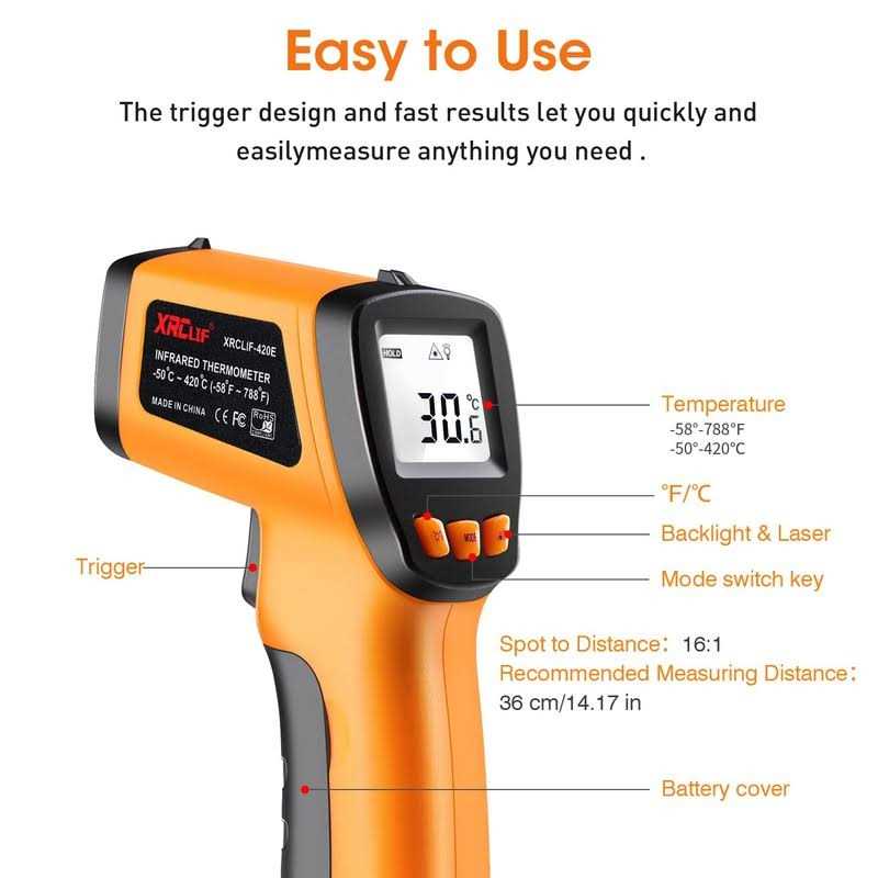 XRCLIF Infrared Thermometer Gun -58°F to 788°F Laser Temperature Gun with Adjustable Emissivity - Image 3