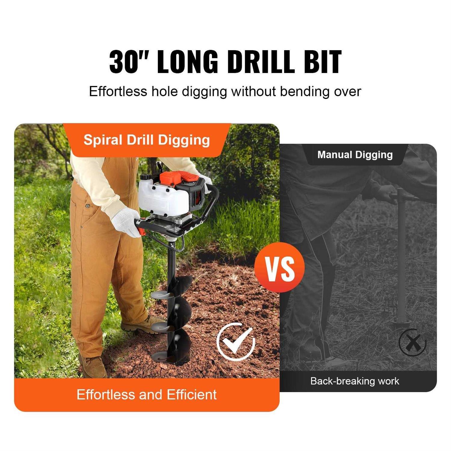 VEVOR Post Hole Digger 43cc 1250W Auger Post Hole Digger Gas Powered Earth Digger with 8 Earth Auger Drill Bit - Image 3