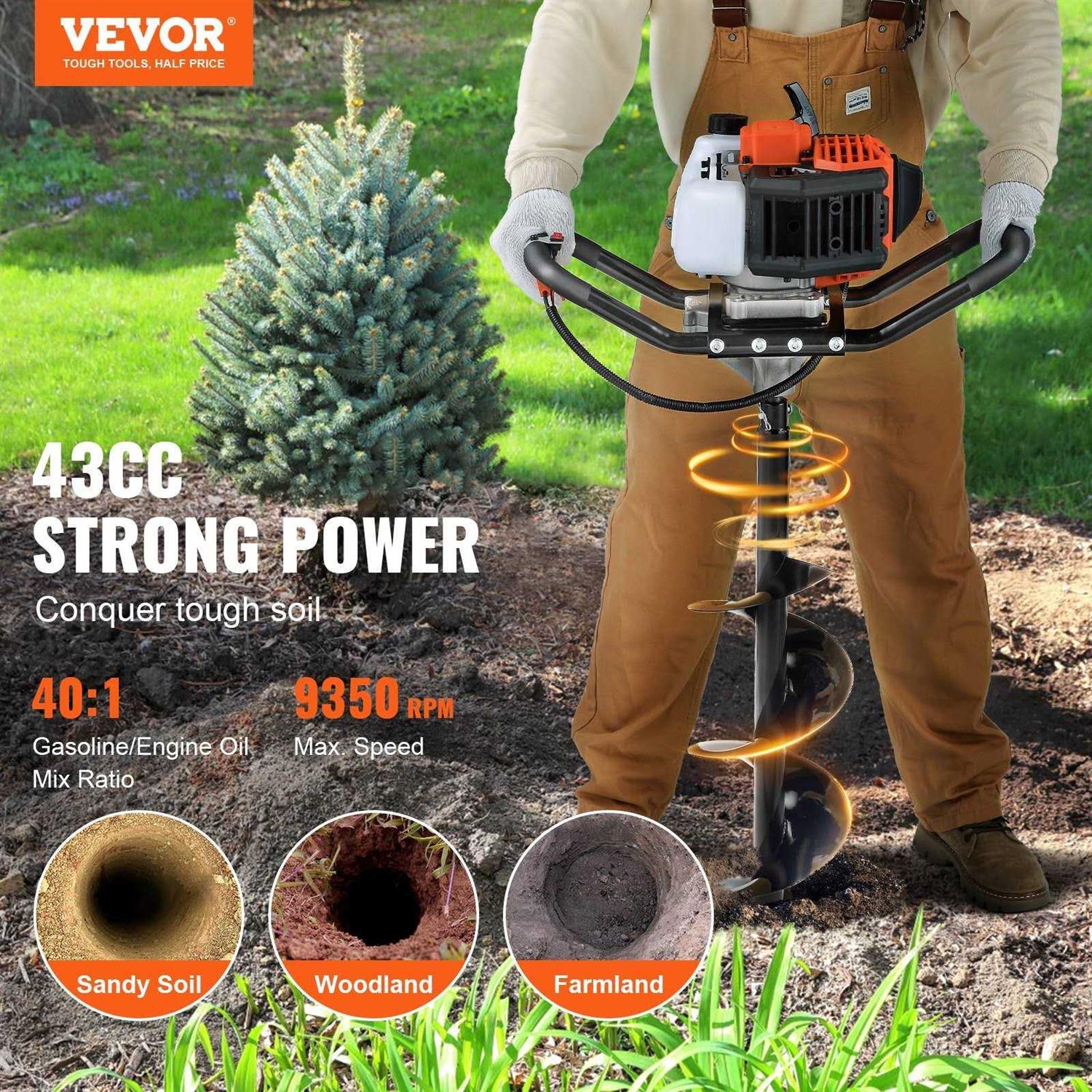 VEVOR Post Hole Digger 43cc 1250W Auger Post Hole Digger Gas Powered Earth Digger with 8 Earth Auger Drill Bit - Image 5
