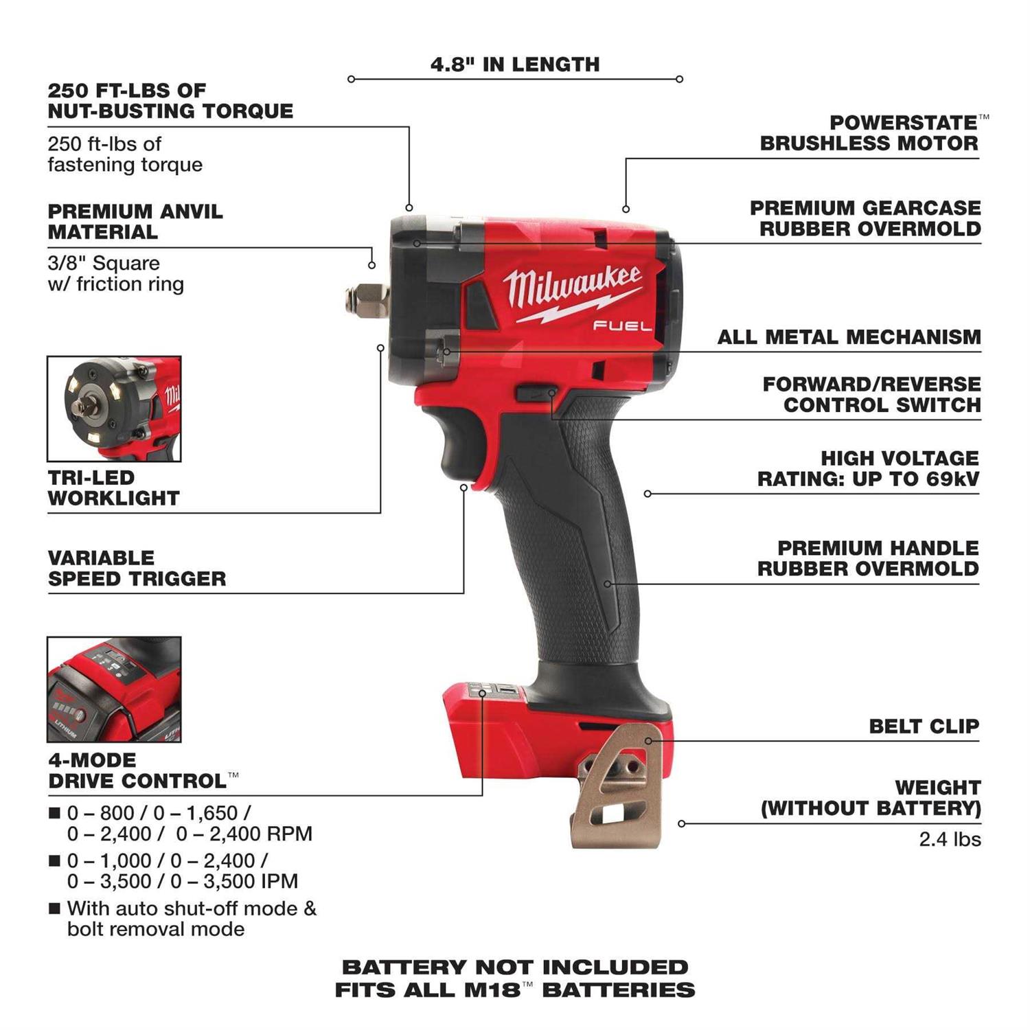 Milwaukee 2854-20 M18 FUEL 3/8 Compact Impact Wrench w Friction Ring - Image 5