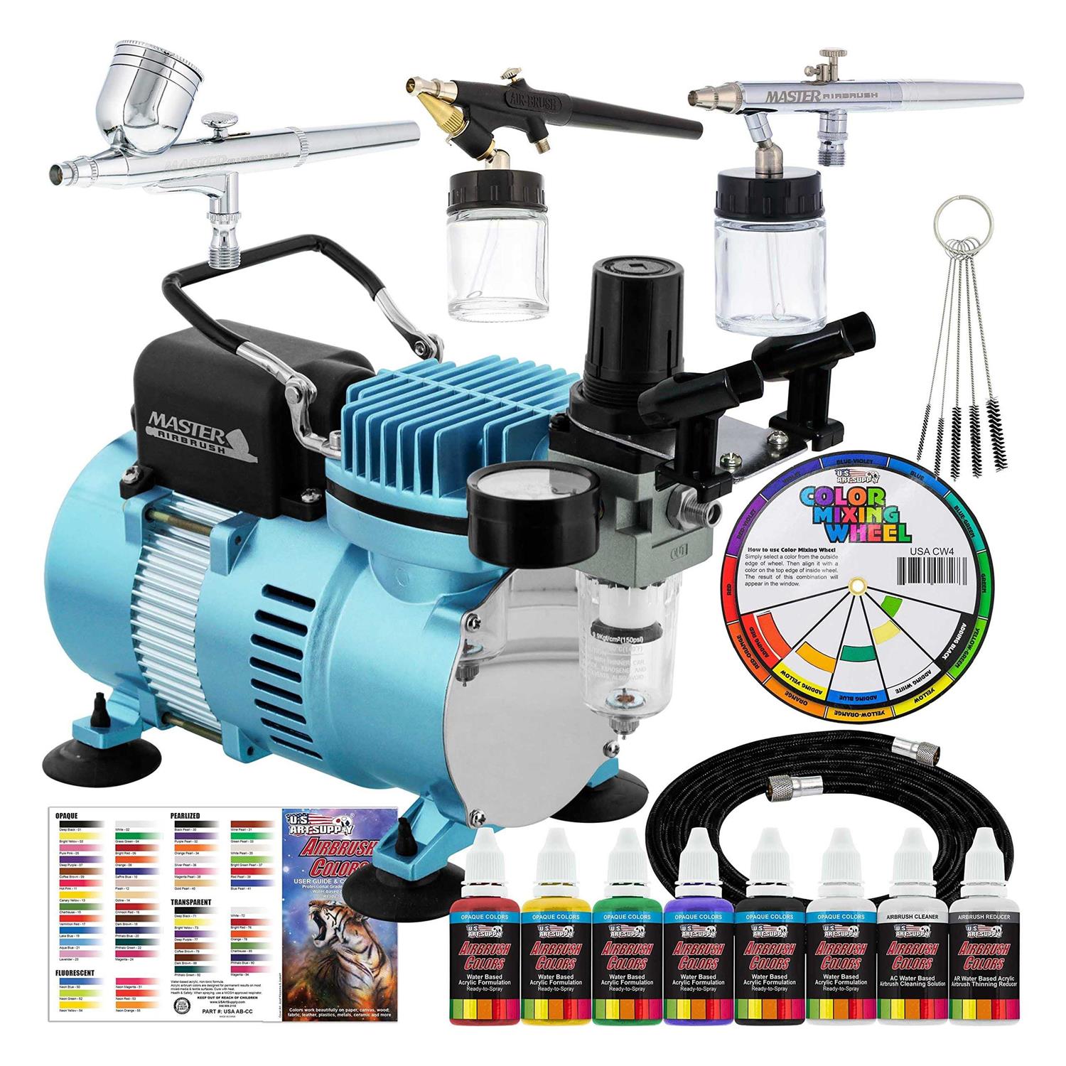 Master Airbrush Professional Cool Runner II Dual Fan Air Compressor Airbrushing System Kit with 6 Primary Opaque Colors