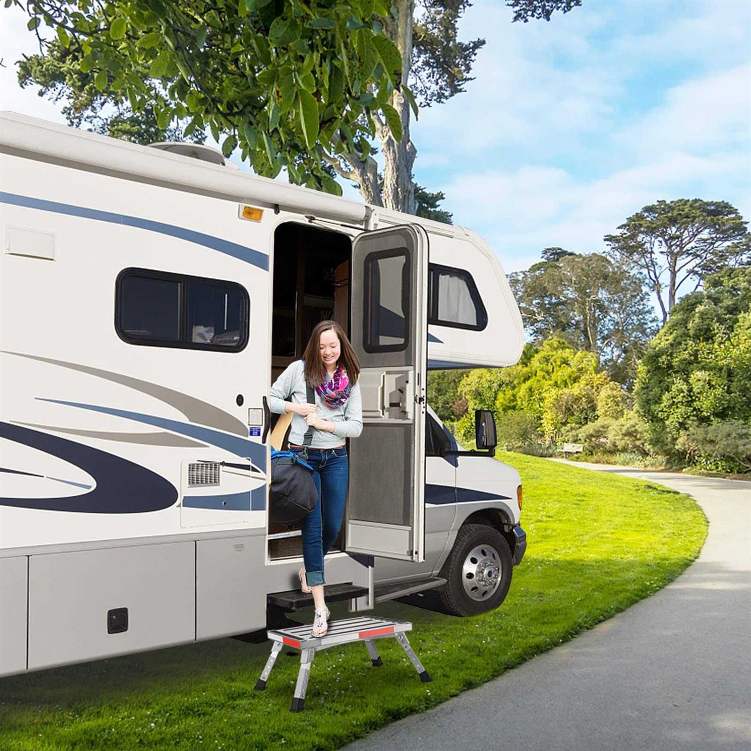 Safety RV Steps, Yagud Height Adjustable Folding Platform Step with 17 X 12 Anti-Slip Surface, Rubber Feet, Handle, Reflective Strips, and T Level - Image 4