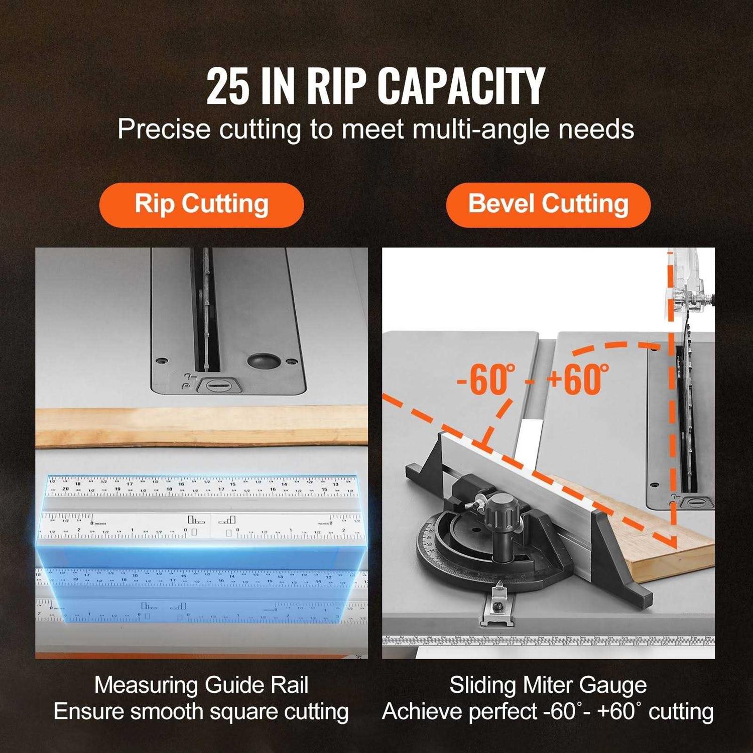 VEVOR 10 Table Saw w/ Stand Electric Cutting Machine 5000RPM 25-in Rip Capacity - Image 4