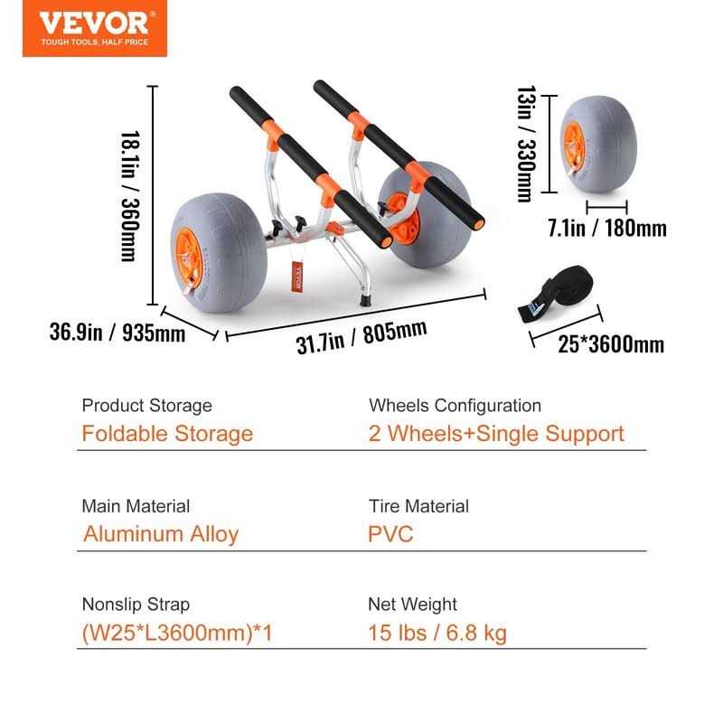 VEVOR Heavy Duty Kayak Cart Canoe Trolley Cart with 12' Tires - Image 4