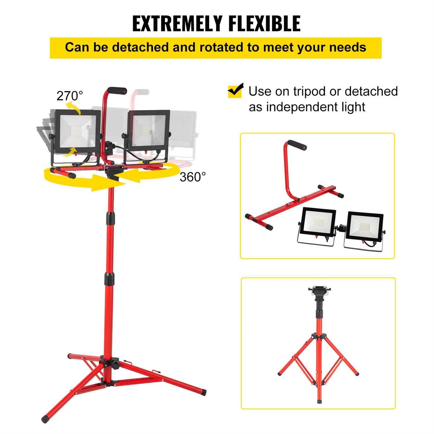 VEVOR LED Work Light with Stand Dual-head LED Work Light with 27.6-68.1 Adjustable and Foldable Tripod Stand - Image 3