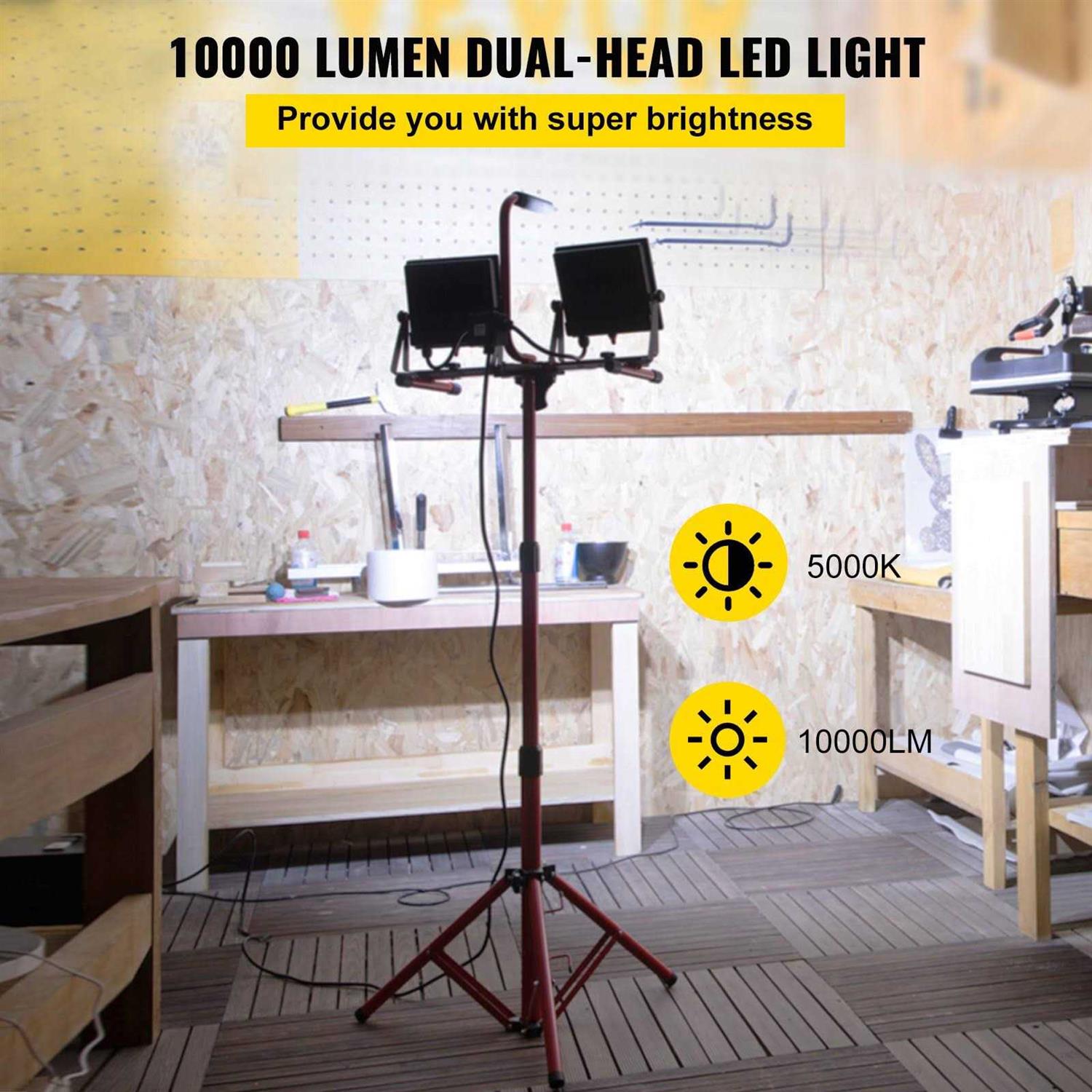 VEVOR LED Work Light with Stand Dual-head LED Work Light with 27.6-68.1 Adjustable and Foldable Tripod Stand - Image 5