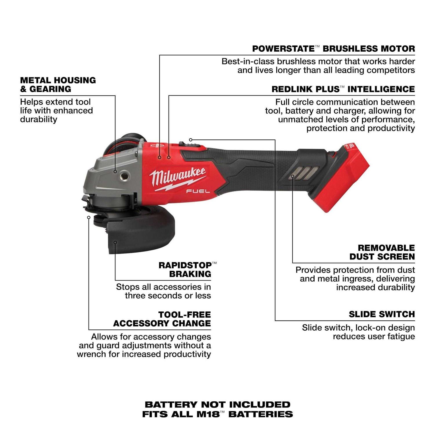 Milwaukee 2889-20 M18 FUEL 4-1/2/5 Variable Speed Braking Grinder - Image 2