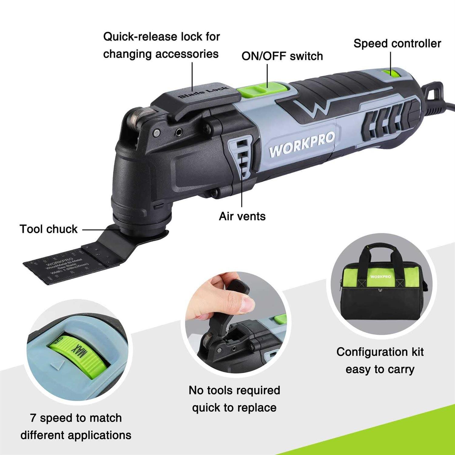 WORKPRO Oscillating Multi-Tool Kit 3.0 Amp Corded Quick-Lock Replaceable Oscillating Saw with 7 Variable Speed - Image 3