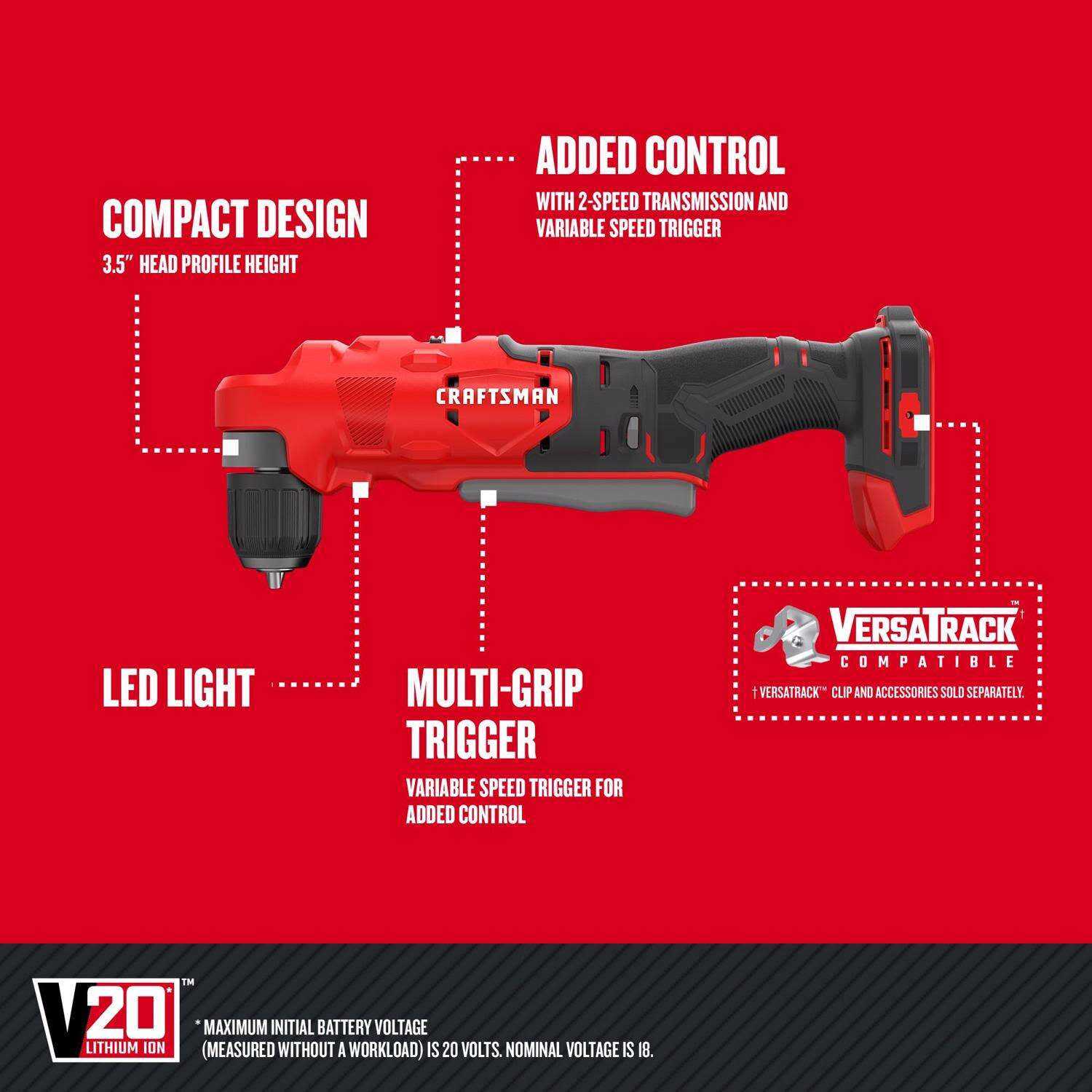 Craftsman V20 20 V 3/8 in. Brushed Cordless Right Angle Drill Tool Only - Image 3
