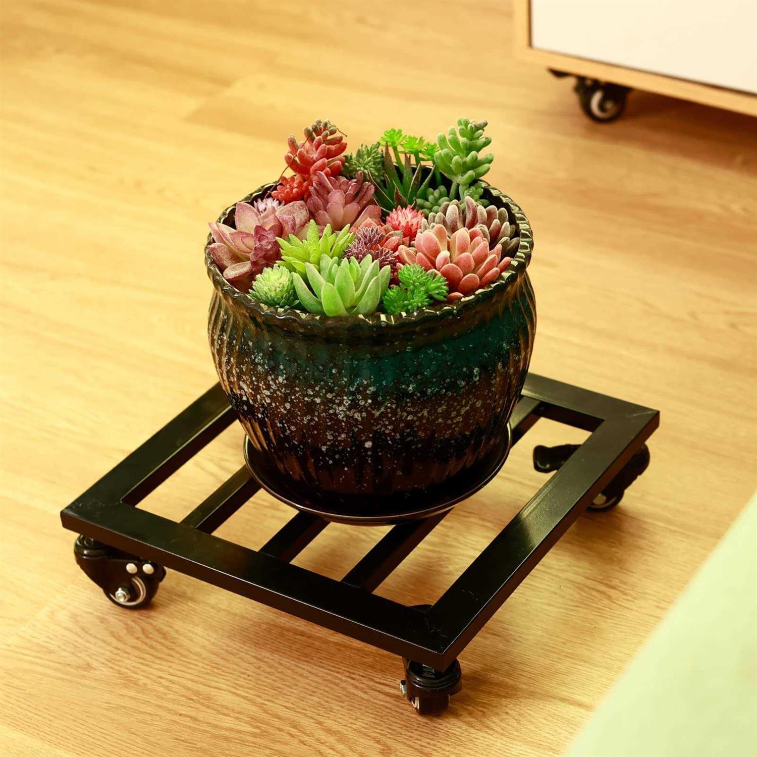 2 Packs Metal Square Plant Caddy with Wheels 12” Iron Wrought Rolling Plant Stand with Casters Heavy-Duty Plant Dolly for Indoor and Outdoor Plant - Image 4