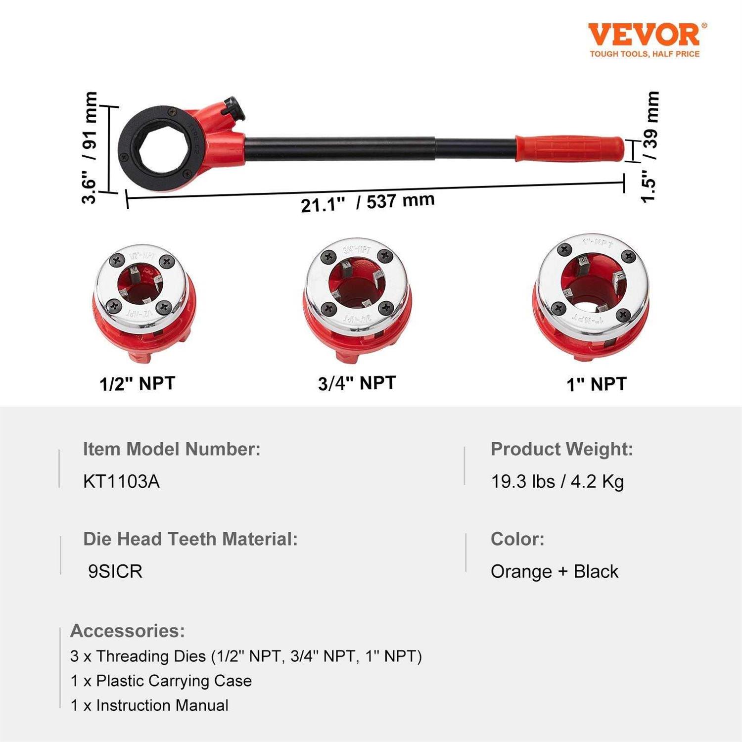 VEVOR Ratchet Pipe Threader Kit 1/2 NPT 3/4 NPT 1 NPT Manual Ratcheting Pipe Threader - Image 5