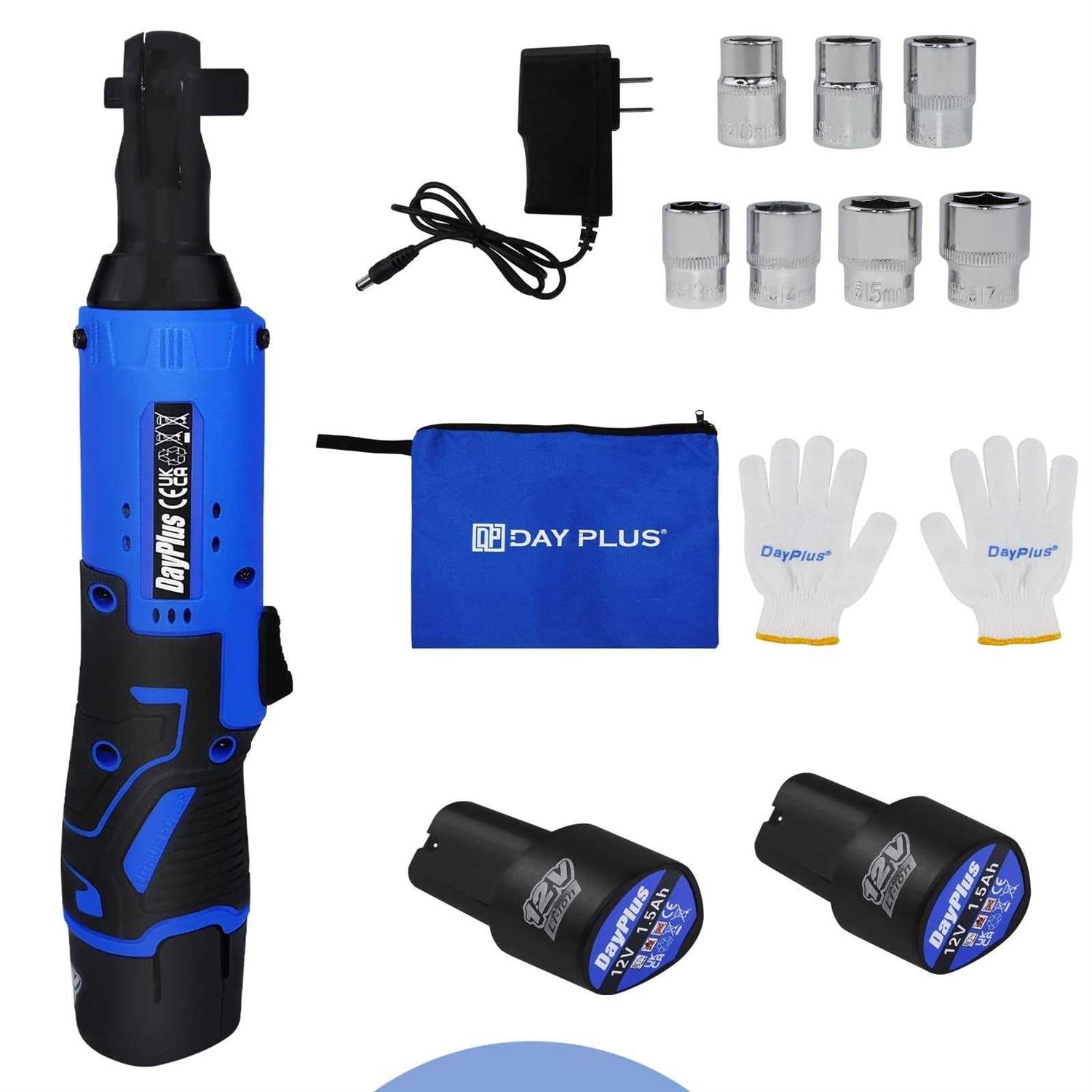 QiMu Cordless Electric Ratchet Wrench Set Cordless Ratchet Right Angle Wrench,3/8 12V Power Ratchet Tool Kit with 2 x 1500mAh Lithium-Ion Battery,7