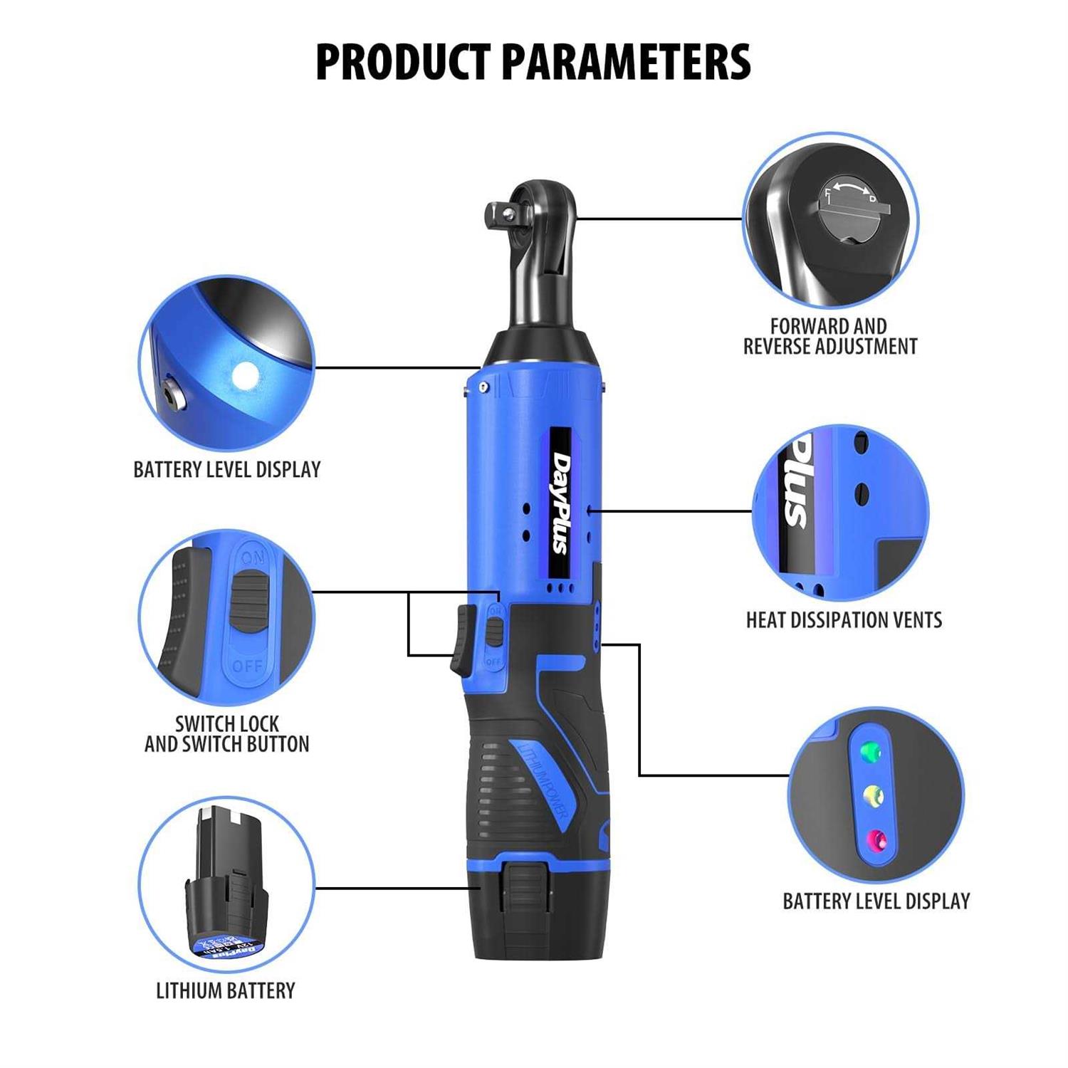 QiMu Cordless Electric Ratchet Wrench Set Cordless Ratchet Right Angle Wrench,3/8 12V Power Ratchet Tool Kit with 2 x 1500mAh Lithium-Ion Battery,7 - Image 2