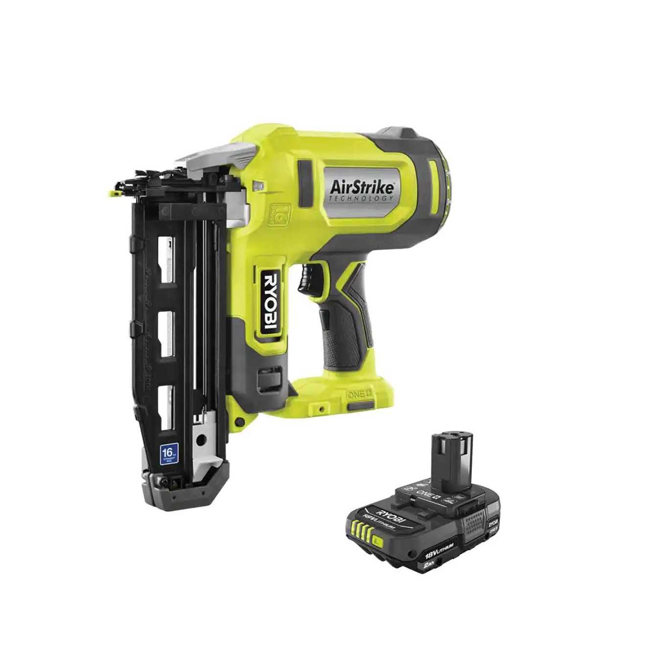 RYOBI ONE+ 18V 16-Gauge Cordless AirStrike Finish Nailer Ah Battery