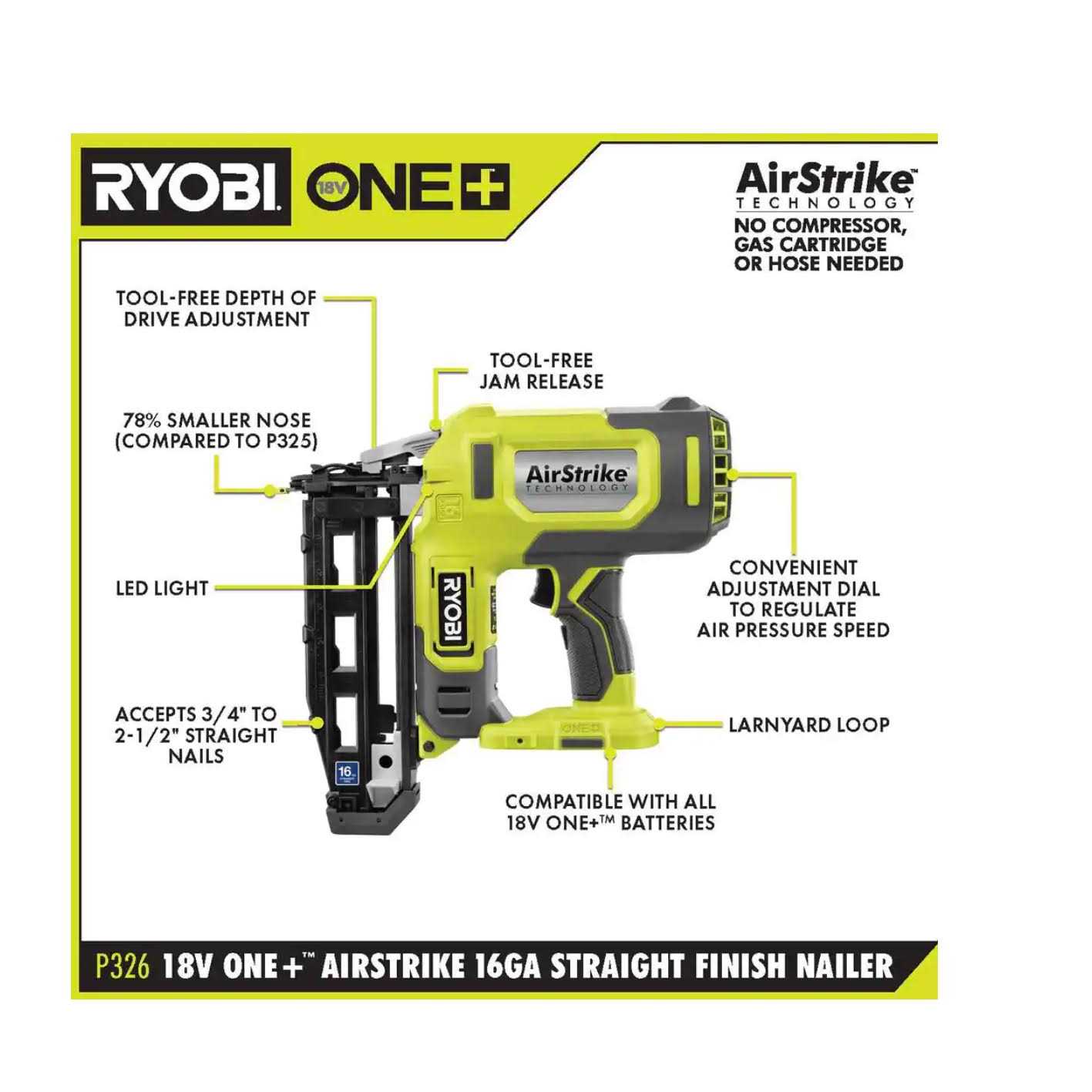 RYOBI ONE+ 18V 16-Gauge Cordless AirStrike Finish Nailer Ah Battery - Image 3