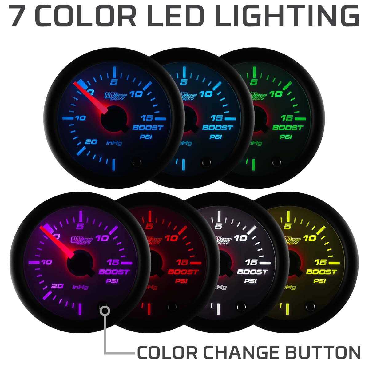 GlowShift Black 7 Color 15 PSI Turbo Boost/Vacuum Gauge Kit - Image 4