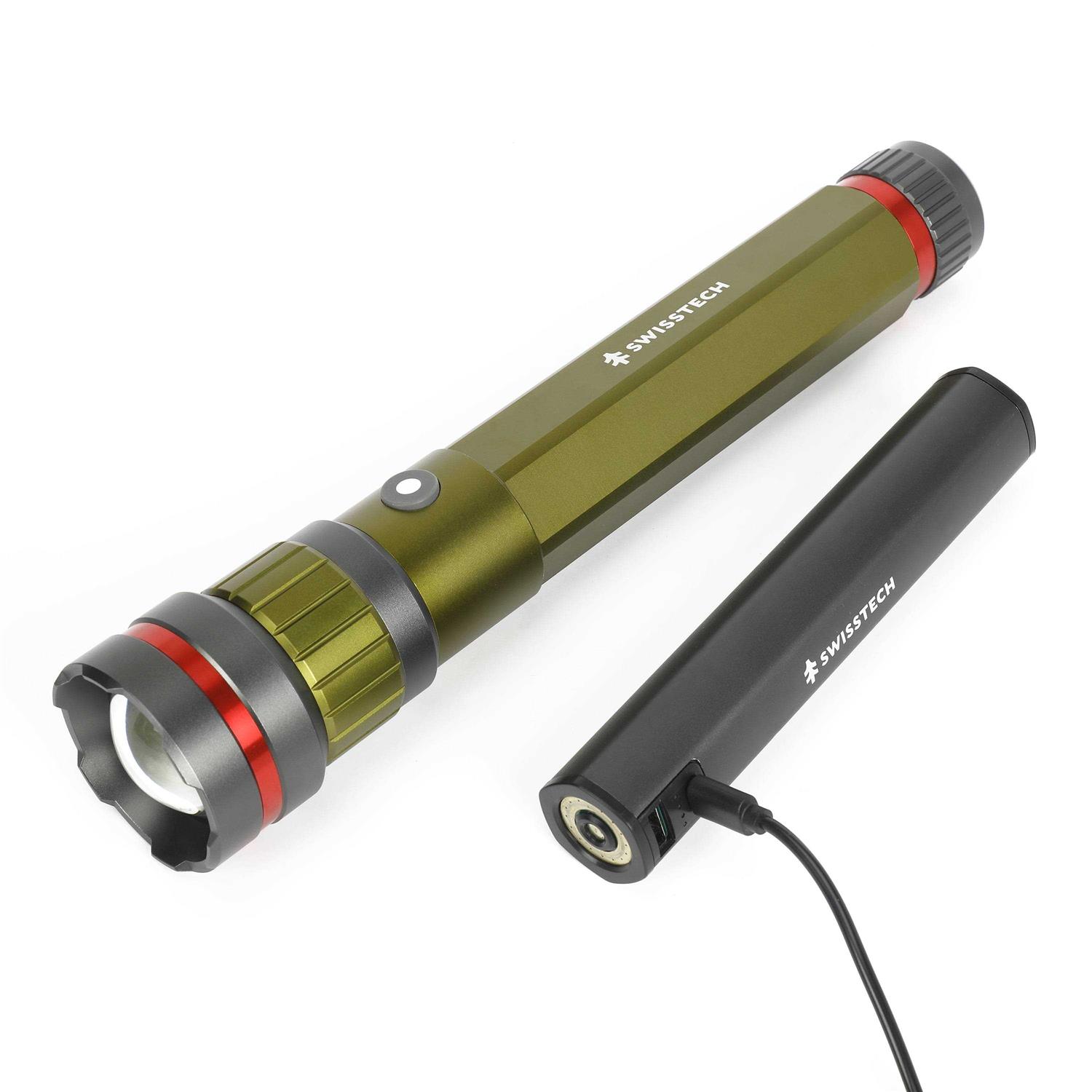 Swiss Tech 6500 Lumen LED Flashlight Rechargeable Dual Power Aa/usb with Charging Bank