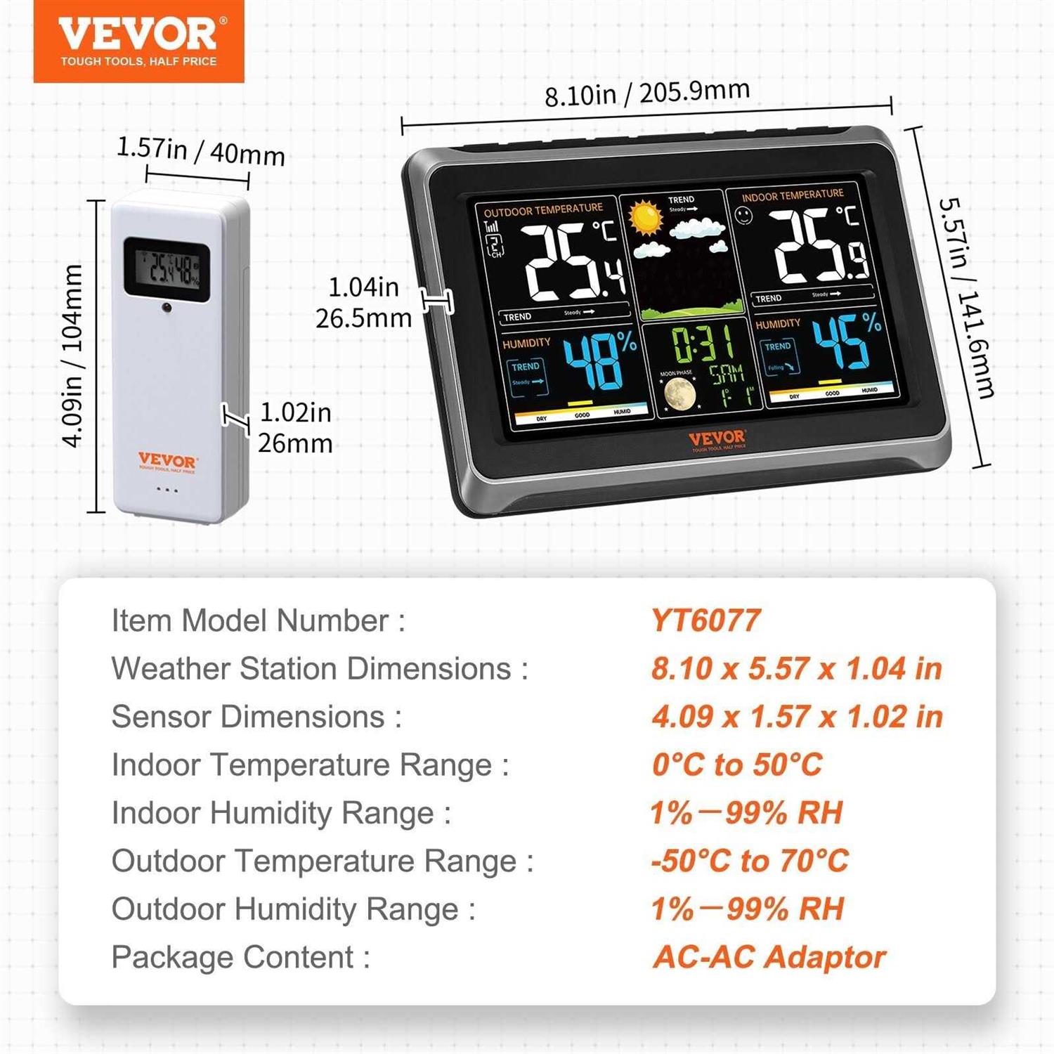 VEVOR Weather Station Indoor Outdoor 7.5 in with Sensor Atomic Clock - Image 3