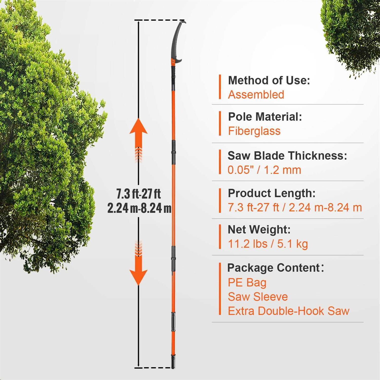 VEVOR Manual Pole Saw Extendable Tree Pruner 7.3-27 ft Fiberglass Pole Scissors - Image 4
