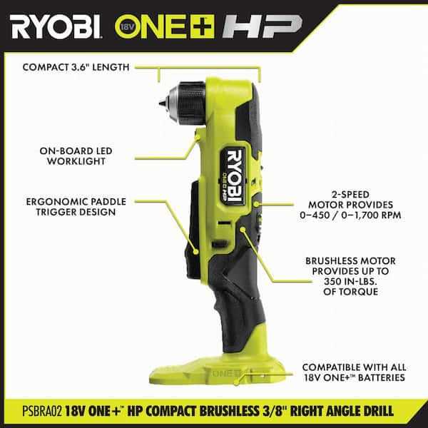 RYOBI ONE+ HP 18V Brushless Cordless Compact 3/8 in. Right Angle Drill with 2.0 Ah - Image 2