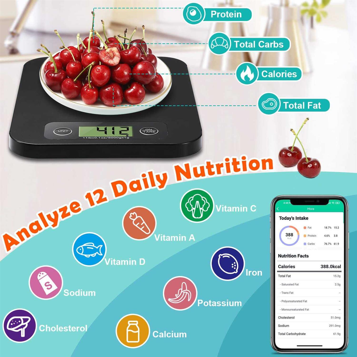URAMAZ Smart Food Scale for Weight Loss, Kitchen Food Scales Digital Weight Grams and oz with Nutritional Calculator - Image 2
