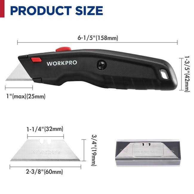 WorkPro Premium Utility Knife 1pc Retractable All Metal Heavy Duty Box Cutter - Image 3