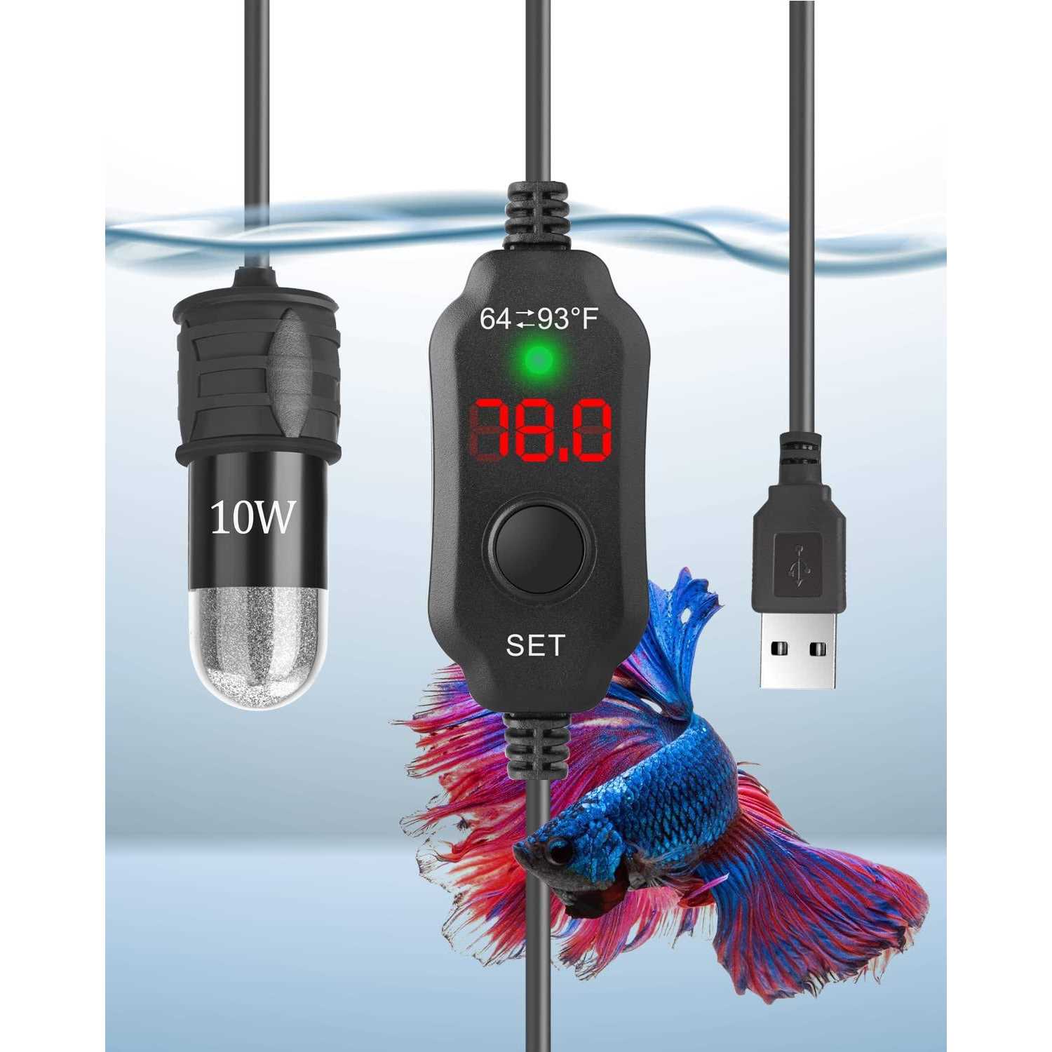 AquaMiracle Adjustable 10W Betta Heater Small Aquarium Heater Submersible Fish Tank Heater 5V/2A USB Powered Super Mini Aquarium Heater with Digital