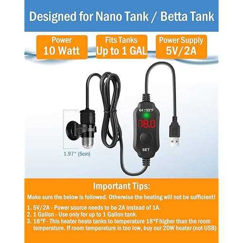 AquaMiracle Adjustable 10W Betta Heater Small Aquarium Heater Submersible Fish Tank Heater 5V/2A USB Powered Super Mini Aquarium Heater with Digital - Image 2