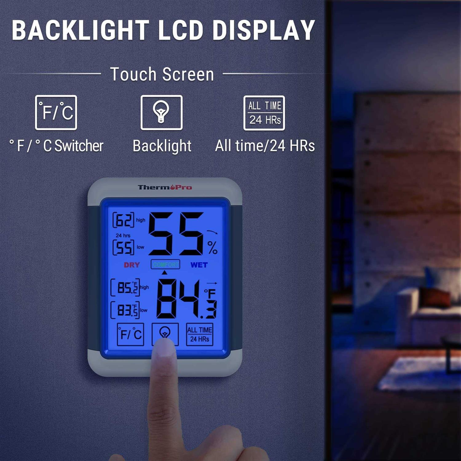 ThermoPro TP55 Digital Hygrometer Indoor Thermometer Humidity Gauge with Jumbo Touchscreen and Backlight Temperature Humidity Monitor - Image 3