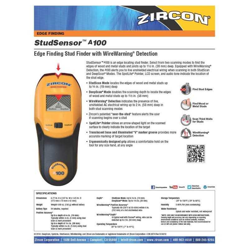 Zircon StudSensor A100 Wall Scanner and Center/Edge Locating Stud Finder with WireWarning Detection - Image 4