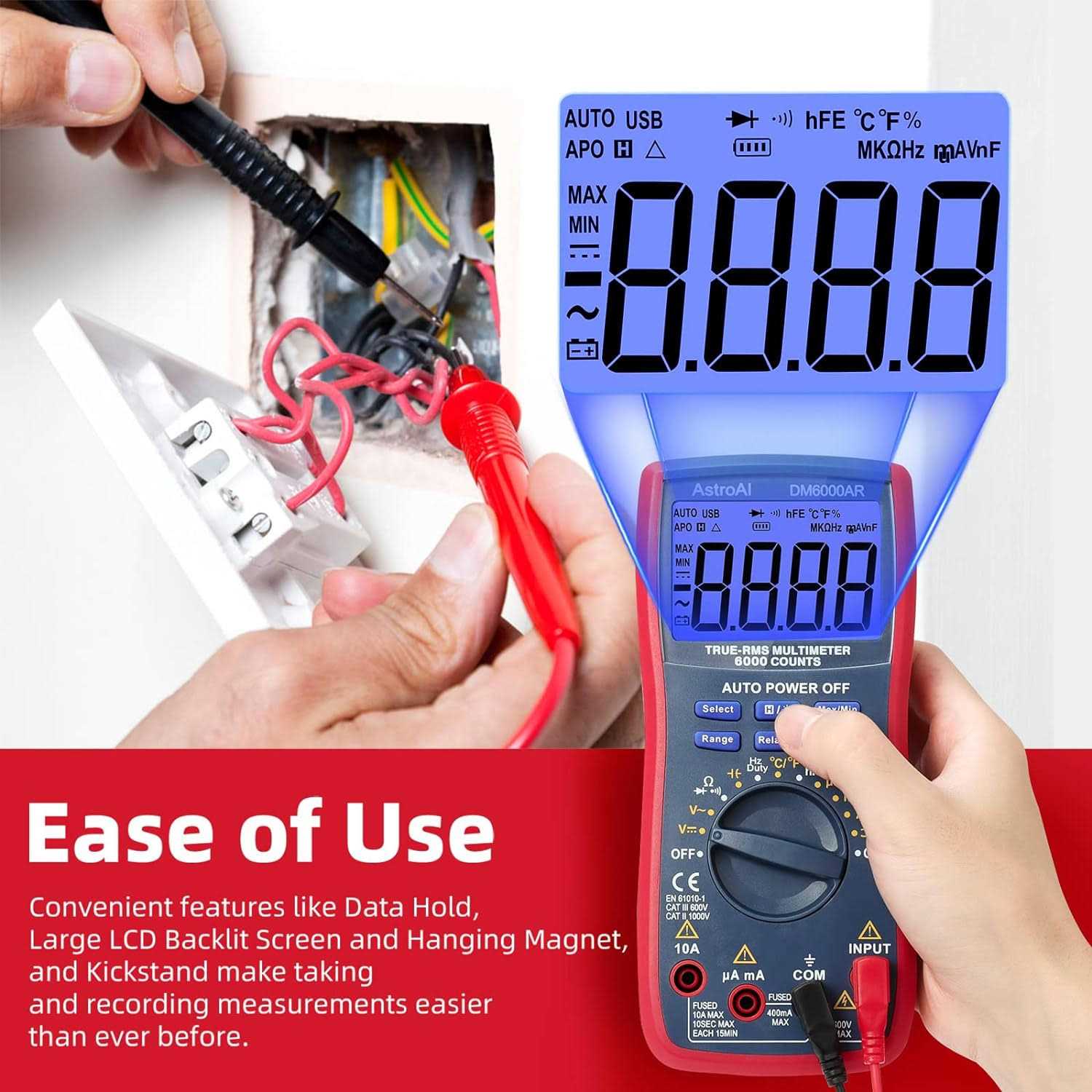 AstroAI Digital Multimeter TRMS 6000 Counts Volt Meter Auto-Ranging Tester - Image 4