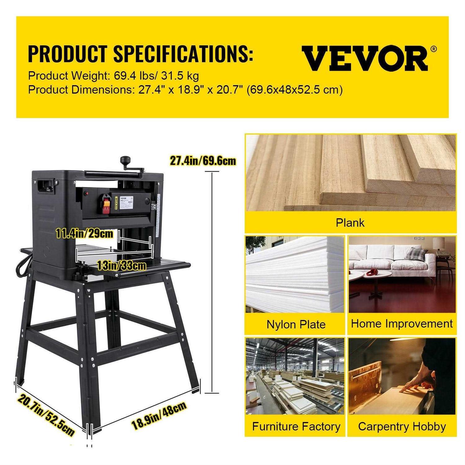 VEVOR Benchtop Planer 8000 RPM Thickness Planer 1800-Watts Woodworking Planer with Iron Stand Dust Exhaust - Image 3